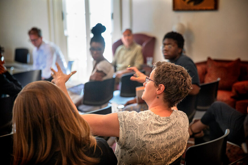 Audience members listen and ask questions during the rural Humanities workshop.